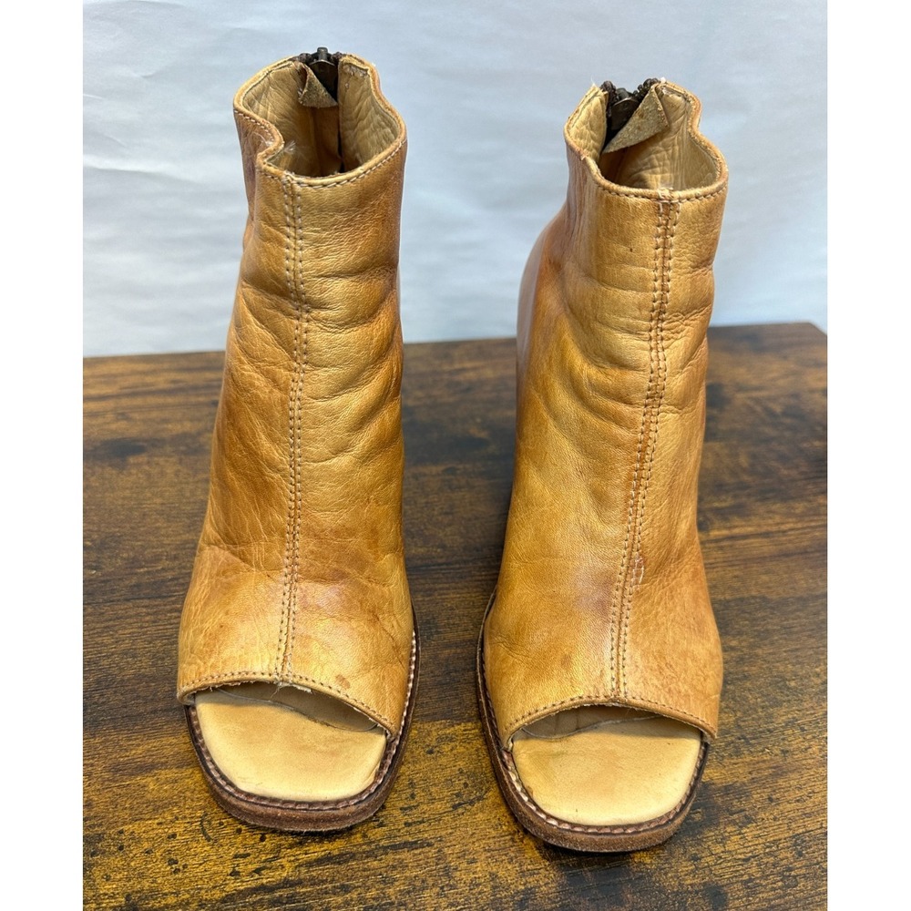 Bed Stu Onset Tan Distressed Leather Peep Toe Ankle Booties Heeled Size 8 Boho - Picture 16 of 16